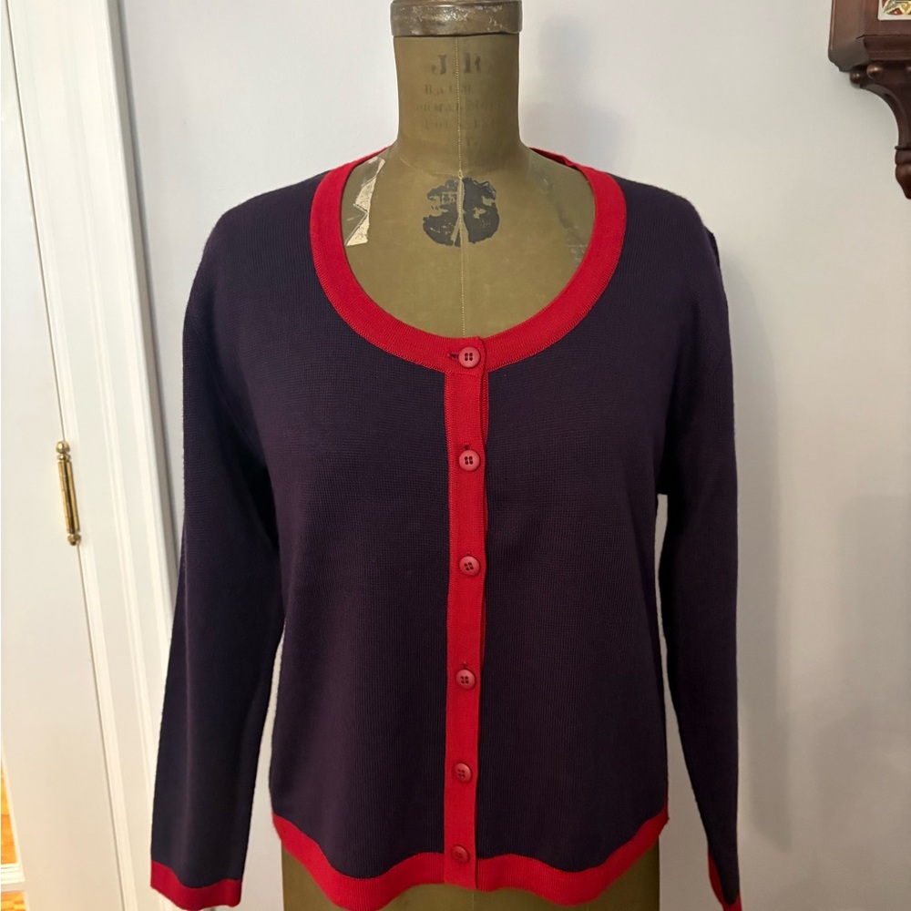 Vintage RODIER Paris - Button Cardigan Sweater - Purple with Red Trim